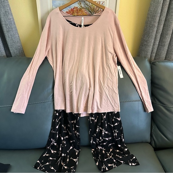 Soma NWT Cool Nights Pajamas Pink Long Sleeve Top with Black Champagne Pants XL - Picture 2 of 7